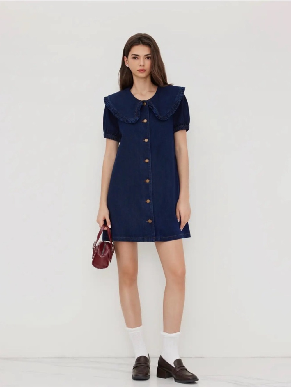 Cider Peter Pan Collar Denim Mini Dress Upcycled Thanksgiving Patches Size M - Picture 2 of 16